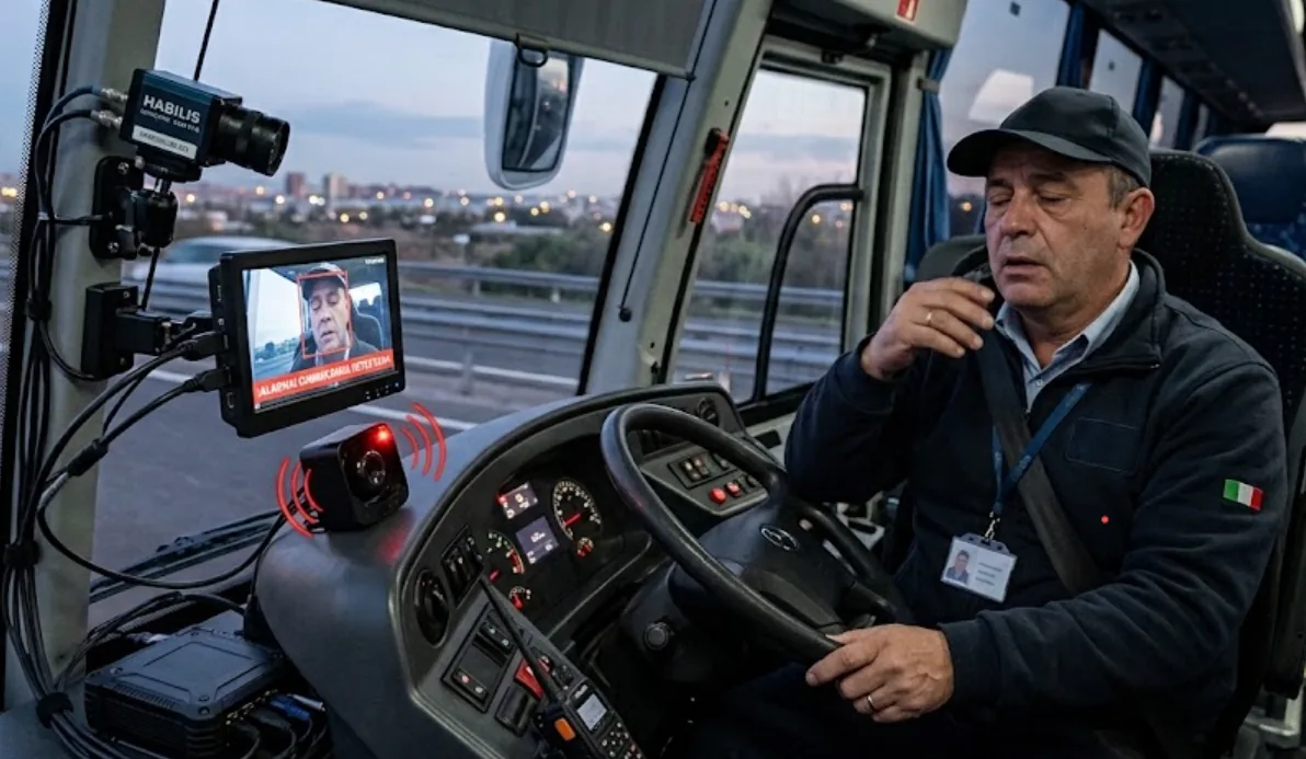 Cabina de un vehículo con una cámara apuntando al conductor, una pantalla de monitoreo con detección facial y una alarma sonora activa
